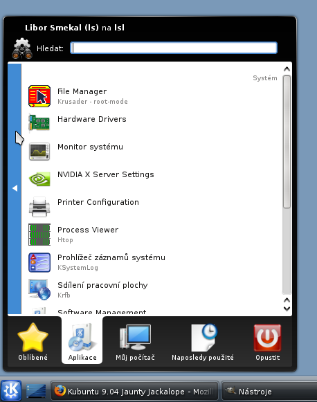 Hlavní nabídka Kubuntu 9.04 Jaunty
