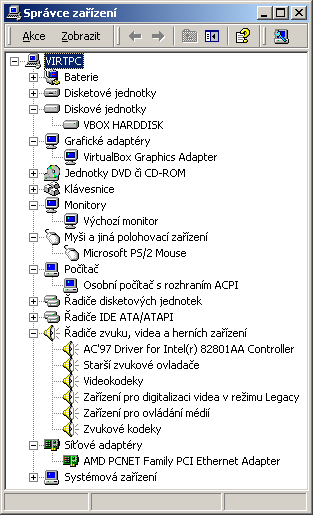 Správce zařízení s nainstalovanými ovladači virtualboxu